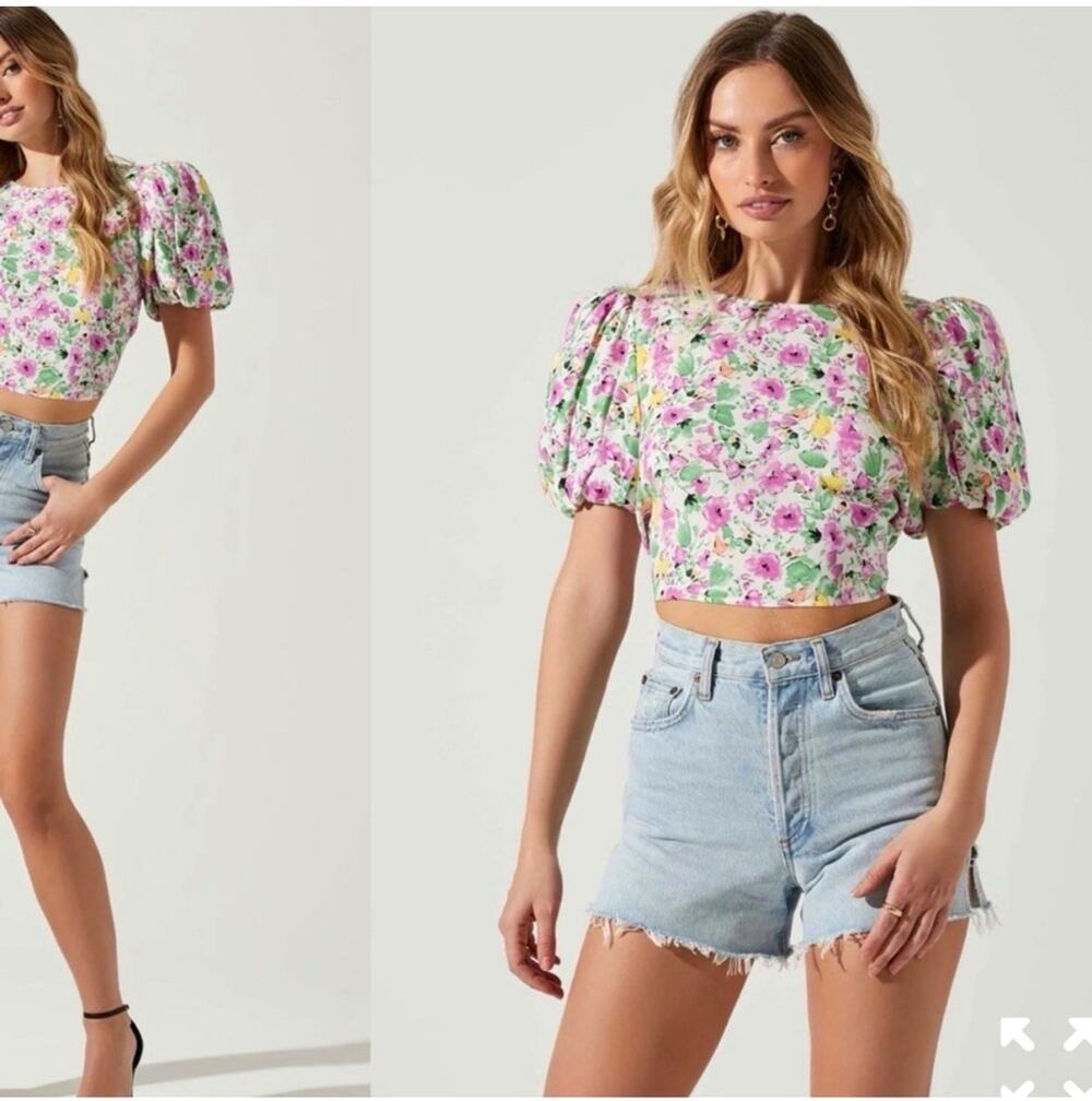 ASTR The Label Lin Floral Chiffon Puff Sleeve Tie Back Cropped Blouse Top size M